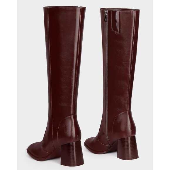 ⚡Women's Burgundy Knee High Boots Square Toe Chunky Heel Side Zipper Rhinestone - Picture 7 of 9